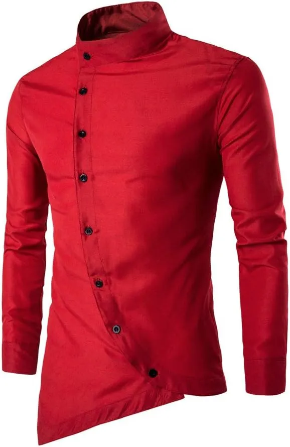 Mens Slim Fit Shirt Irregular Hem Long Sleeve Band Collar Button Down Shirts Solid Color Dress Shirts Wedding Party Shirts