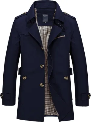 Mens Slim Notched Collar Single Breasted Cotton Jacket Office Trench Coat Mid Length Wool Blend Pea Coat for Outdoor Fall