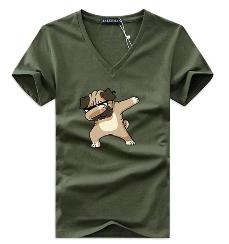 Men's Summer V-Neck T-Shirt With Printed Pug-Dog