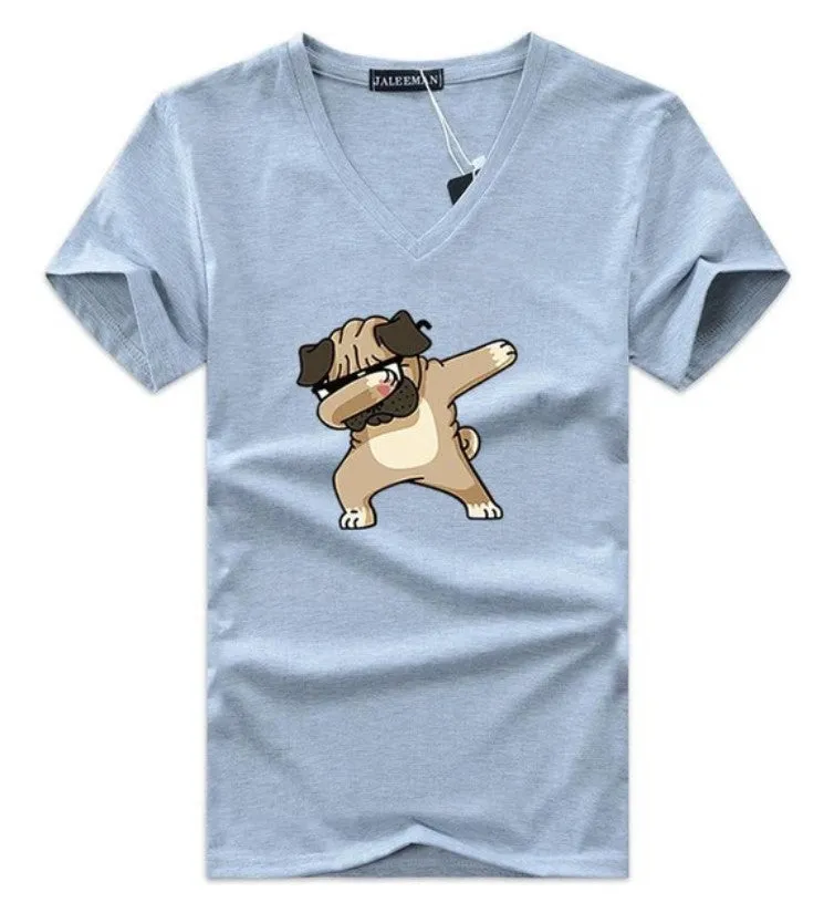 Men's Summer V-Neck T-Shirt With Printed Pug-Dog
