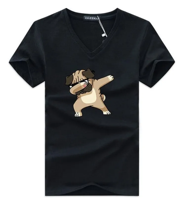 Men's Summer V-Neck T-Shirt With Printed Pug-Dog
