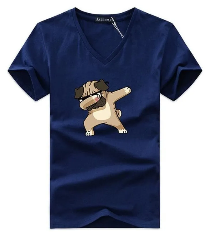 Men's Summer V-Neck T-Shirt With Printed Pug-Dog