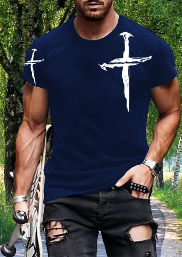 Mens T-Shirts Jesus Cross Faith Vintage Oil Painting Casual Short Sleeve T-Shirts Summer Crew Neck Christian Tops