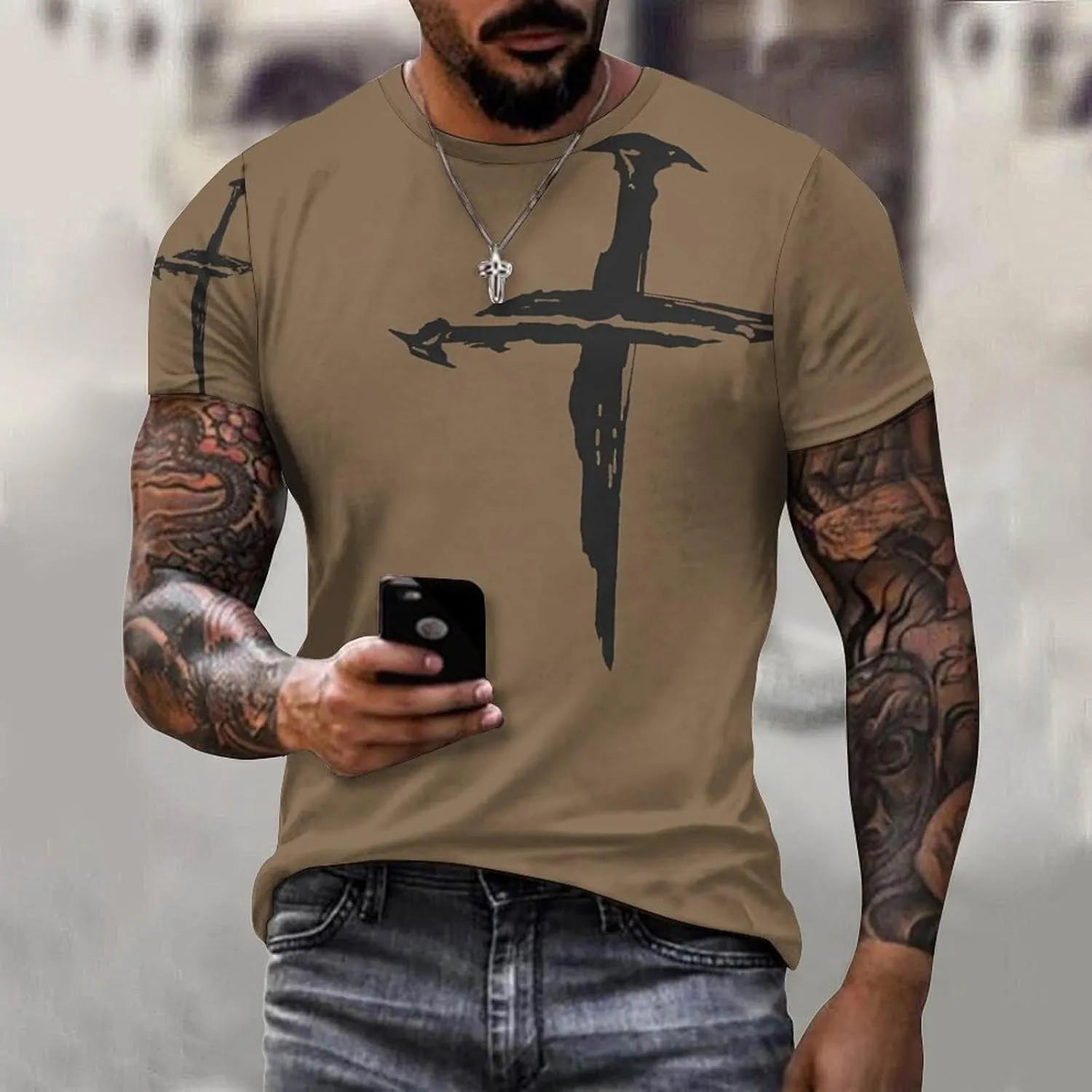 Mens T-Shirts Jesus Cross Faith Vintage Oil Painting Casual T-Shirts Summer Crew Neck Short Sleeve Christian Tops