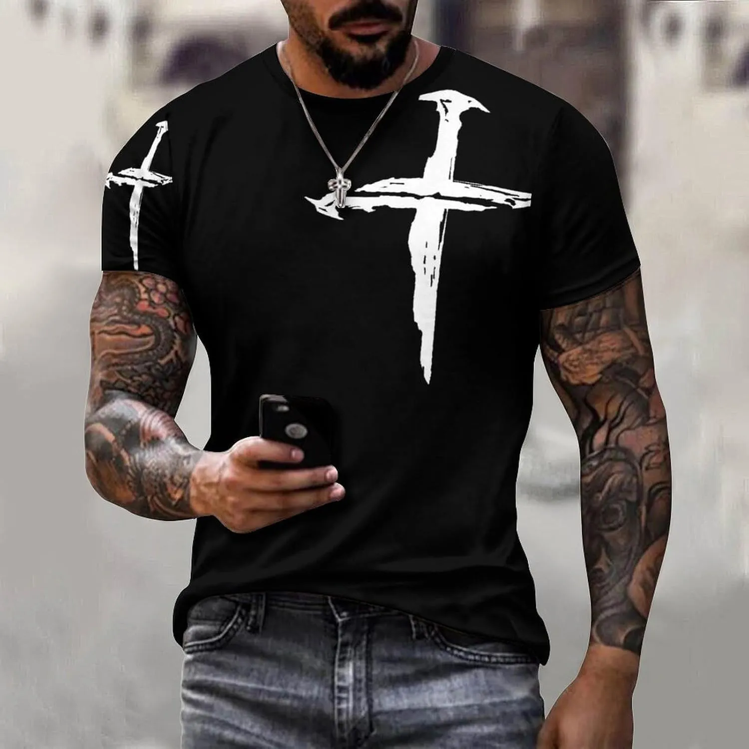 Mens T-Shirts Jesus Cross Faith Vintage Oil Painting Casual T-Shirts Summer Crew Neck Short Sleeve Christian Tops