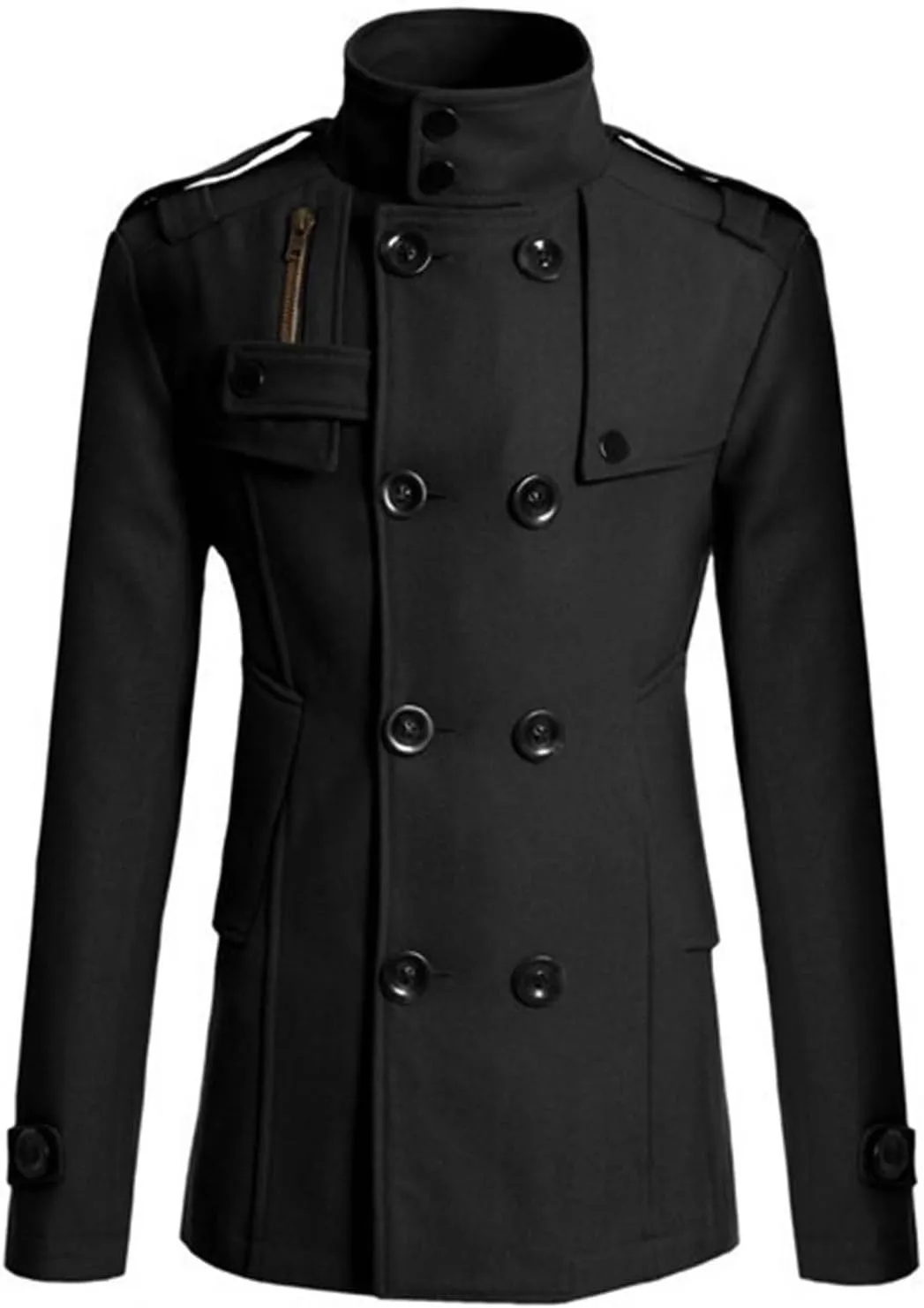 Men's Thermal Wool Blend Double Breasted Pea Coat Classic Notched Collar Warm Woolen Coats Winter Outwear Jackets