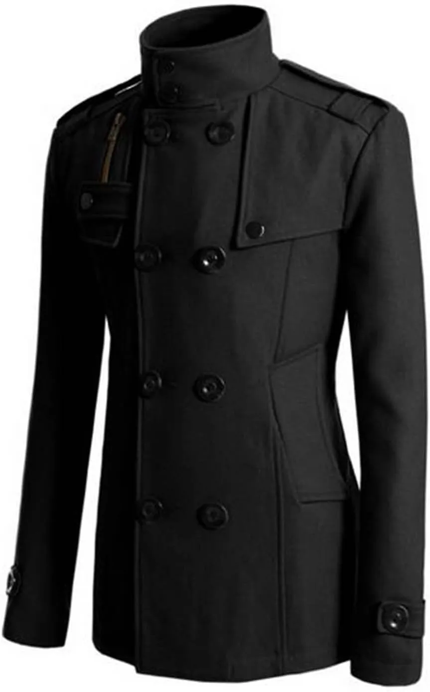 Men's Thermal Wool Blend Double Breasted Pea Coat Classic Notched Collar Warm Woolen Coats Winter Outwear Jackets