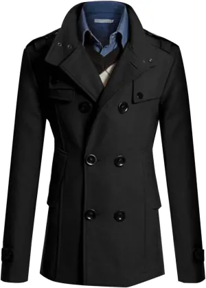 Men's Thermal Wool Blend Double Breasted Pea Coat Classic Notched Collar Warm Woolen Coats Winter Outwear Jackets