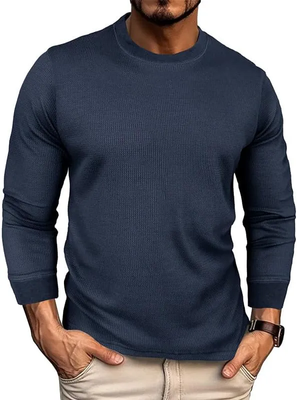 Mens Waffle T Shirt Long Sleeve Basic Shirts Casual Crew Neck Relaxed Fit T-Shirts Lightweight Comfy Tops Soft Tees