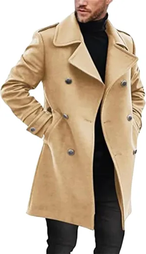 Mens Wool Blend Pea Coat Notched Collar Single Breasted Mid-Length Overcoat Warm Soft Comfortable Trench Jacket Fall Winter