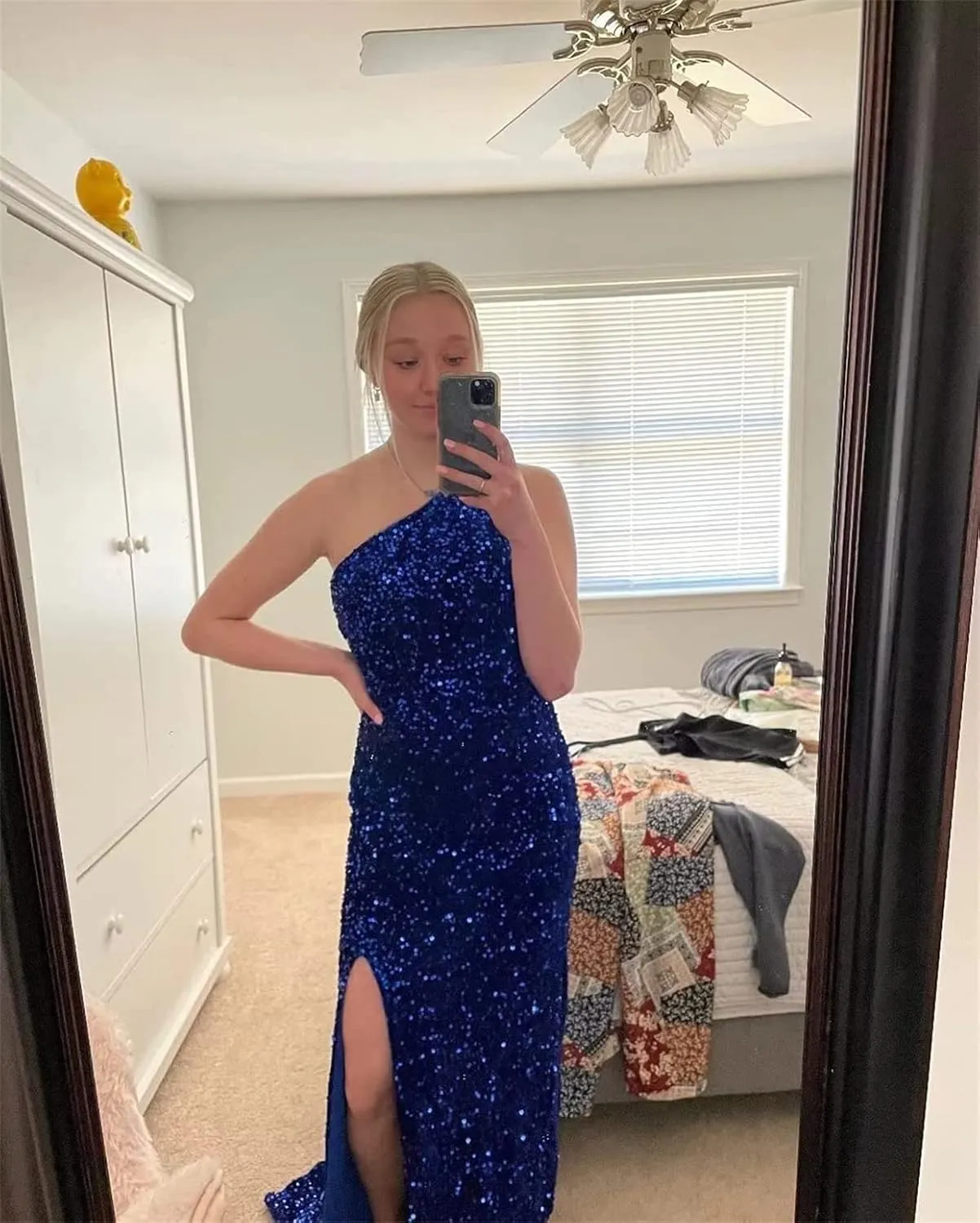 Mermaid Sequins Prom Dress One Shoulder Slit Evening Dresses Floor Length Bodycon Evening Party Dress