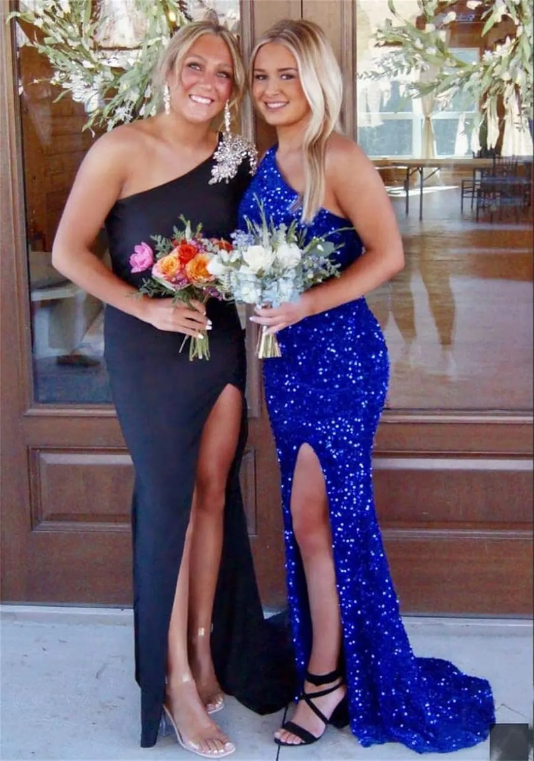 Mermaid Sequins Prom Dress One Shoulder Slit Evening Dresses Floor Length Bodycon Evening Party Dress