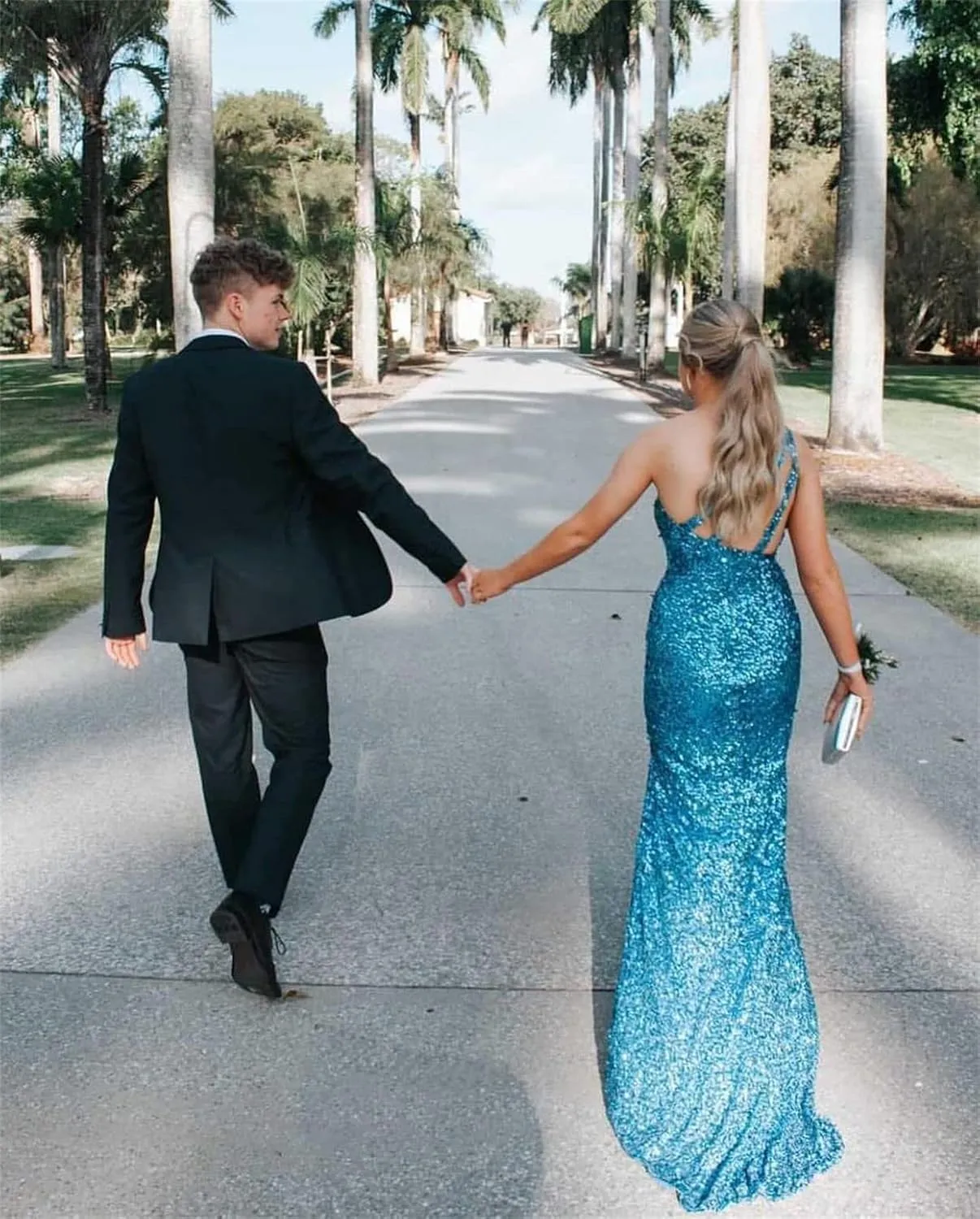 Mermaid Sequins Prom Dress One Shoulder Slit Evening Dresses Floor Length Bodycon Evening Party Dress