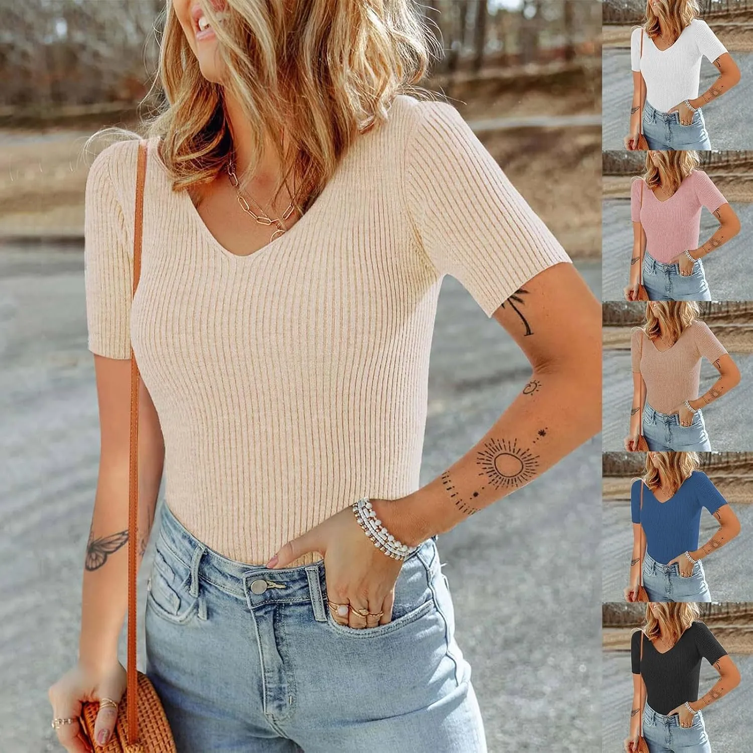 Miyaomn Casual Short Sleeve Basic T Shirts for Women 2024 Summer V Neck Stretchy Ribbed Knit Pullover Slim Fit Solid Tee Tops