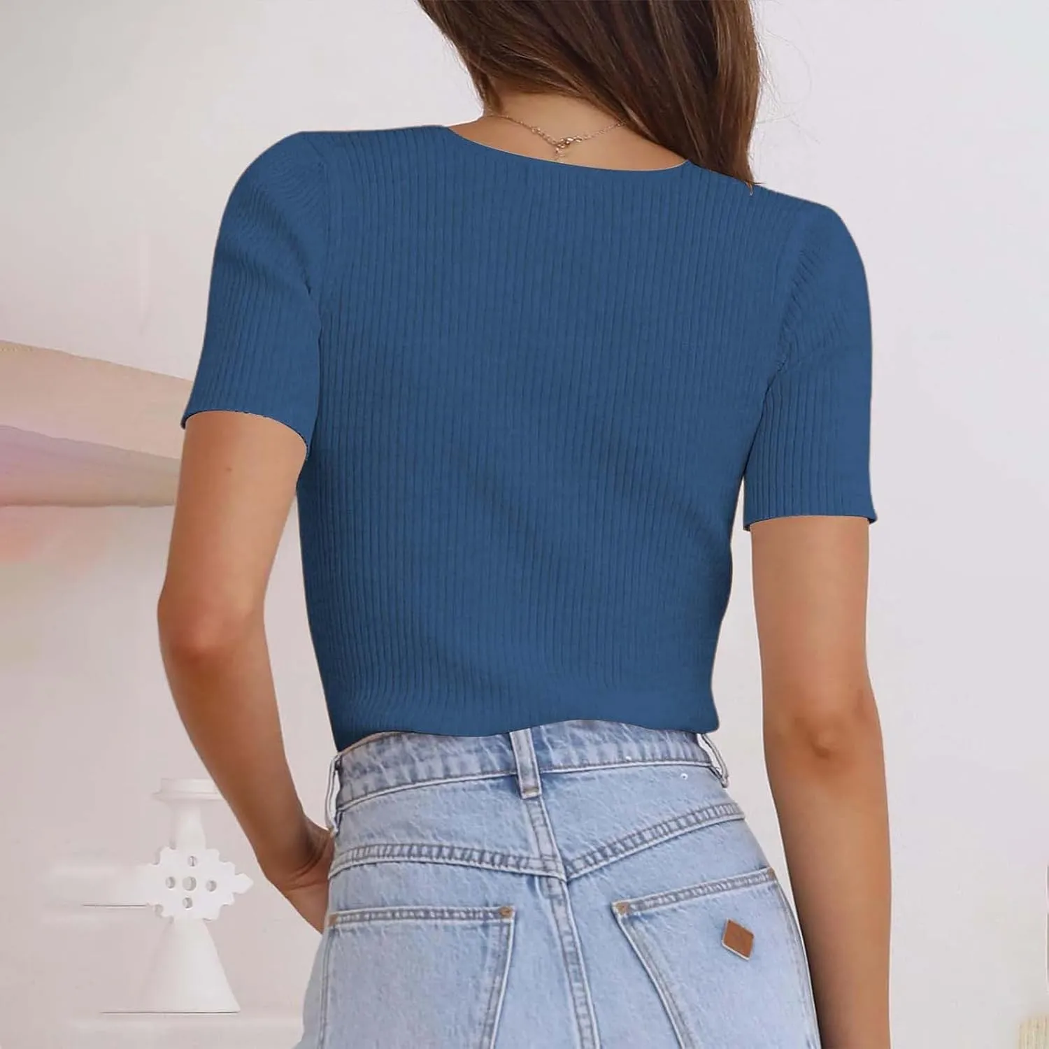 Miyaomn Casual Short Sleeve Basic T Shirts for Women 2024 Summer V Neck Stretchy Ribbed Knit Pullover Slim Fit Solid Tee Tops