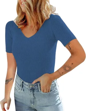 Miyaomn Casual Short Sleeve Basic T Shirts for Women 2024 Summer V Neck Stretchy Ribbed Knit Pullover Slim Fit Solid Tee Tops