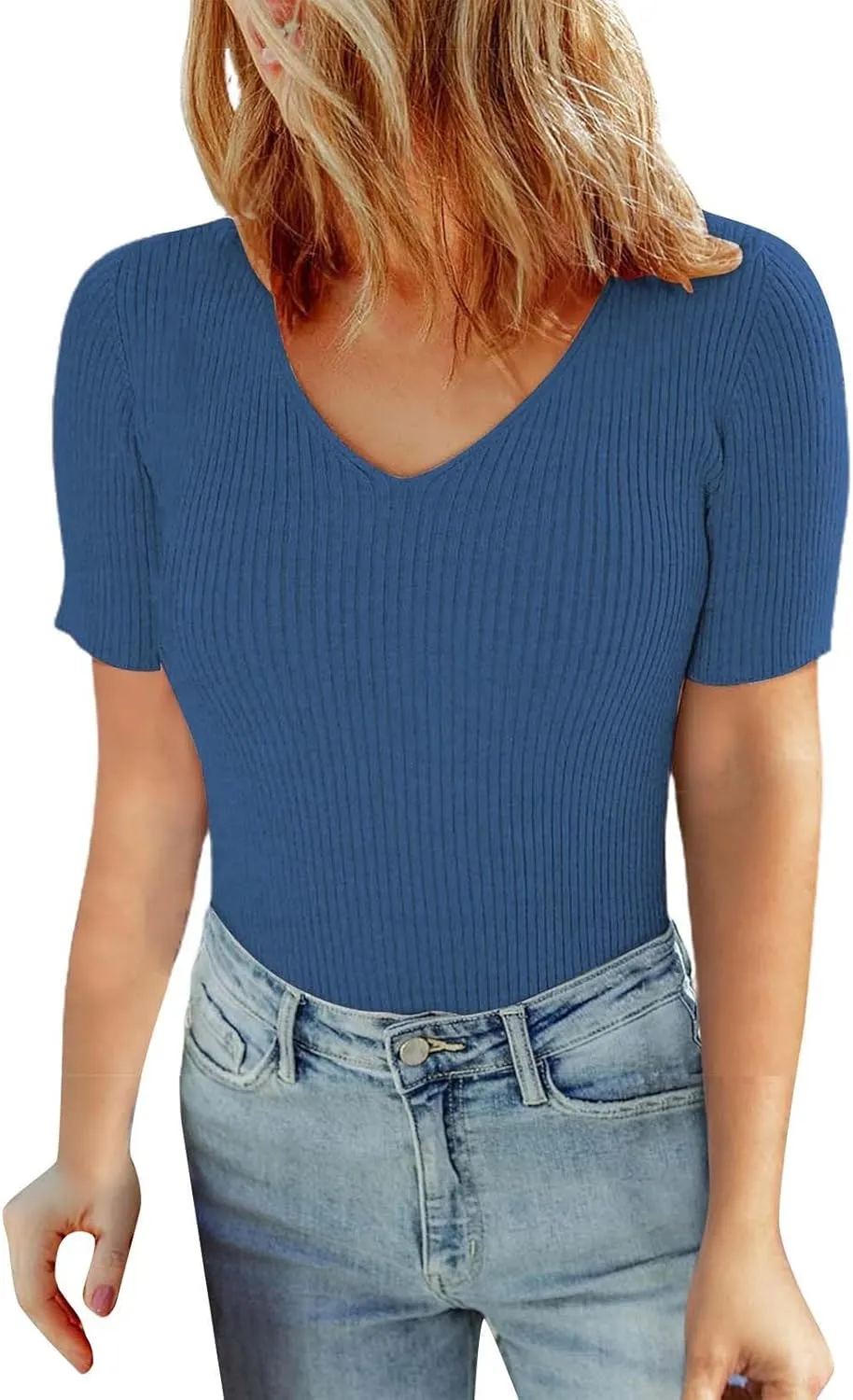 Miyaomn Casual Short Sleeve Basic T Shirts for Women 2024 Summer V Neck Stretchy Ribbed Knit Pullover Slim Fit Solid Tee Tops