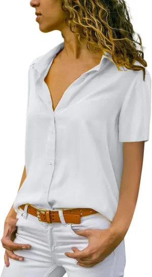 Miyaomn Chiffon Button Down Short Sleeve Shirts for Women Slim Fit Collared V Neck Hi-Low Hem Office Casual Plain Blouse Tops