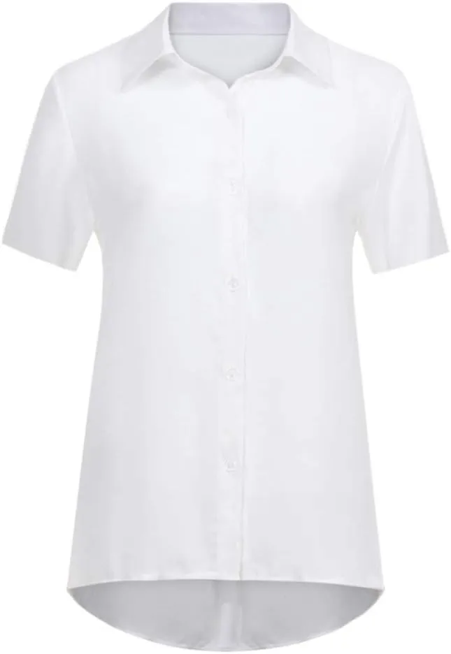 Miyaomn Chiffon Button Down Short Sleeve Shirts for Women Slim Fit Collared V Neck Hi-Low Hem Office Casual Plain Blouse Tops