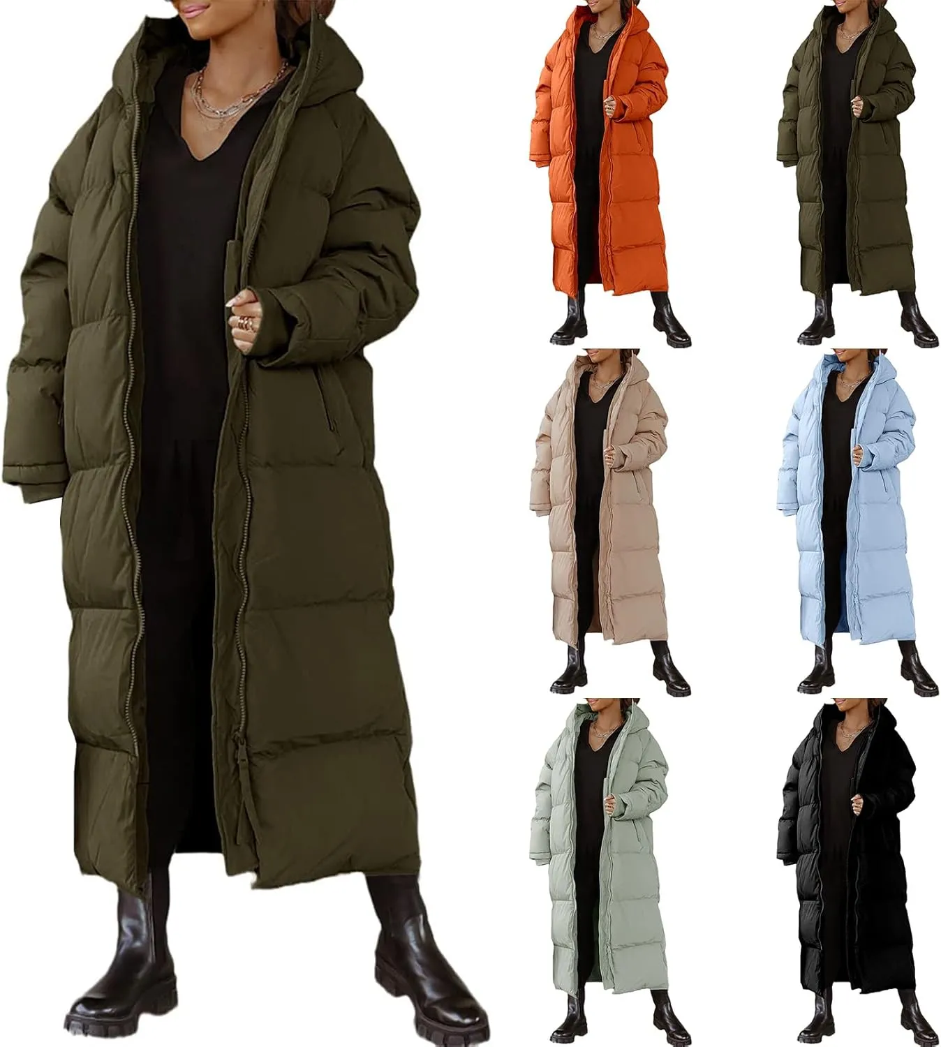 Mmoneyake Women Long Quilted Coat Hooded Zip Up Casual Thickened Down Jackets Winter Outerwear Snow Parka Trendy Warm Clothes