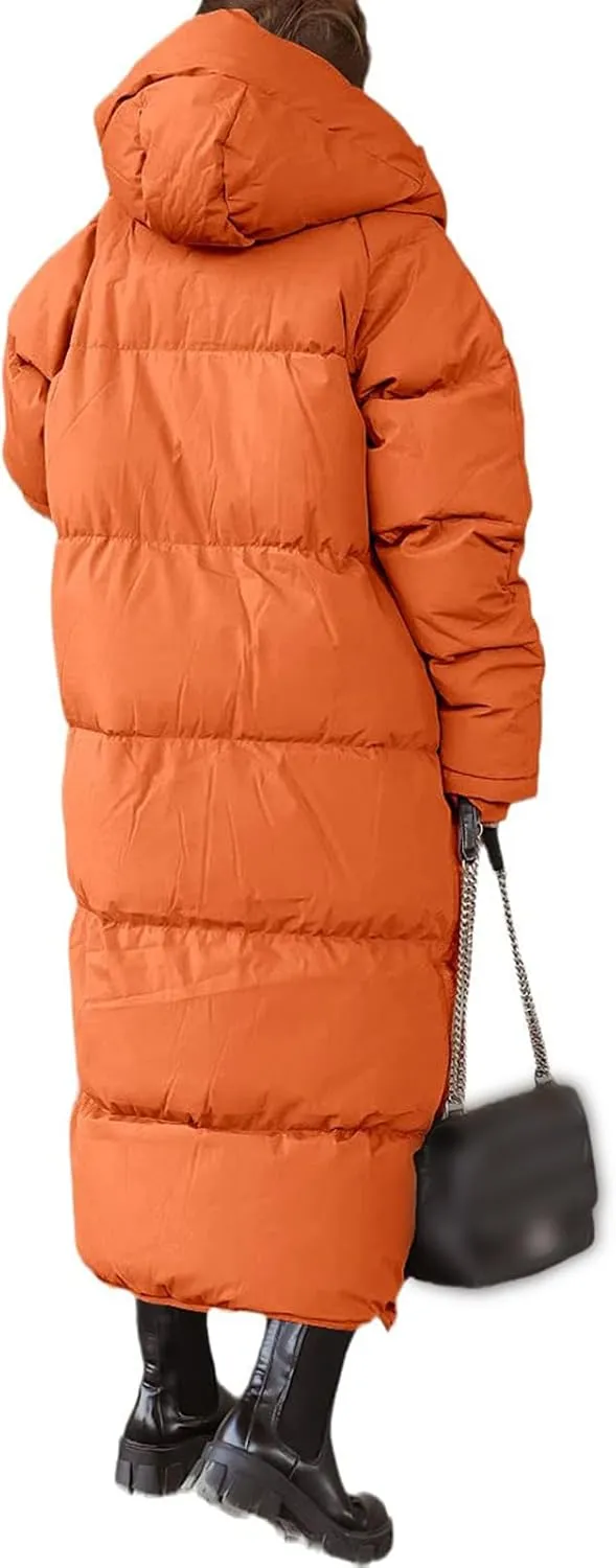 Mmoneyake Women Long Quilted Coat Hooded Zip Up Casual Thickened Down Jackets Winter Outerwear Snow Parka Trendy Warm Clothes