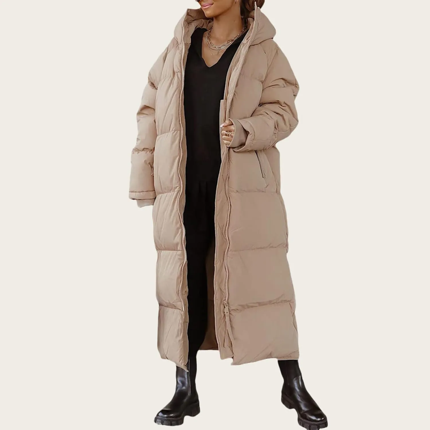 Mmoneyake Women Long Quilted Coat Hooded Zip Up Casual Thickened Down Jackets Winter Outerwear Snow Parka Trendy Warm Clothes