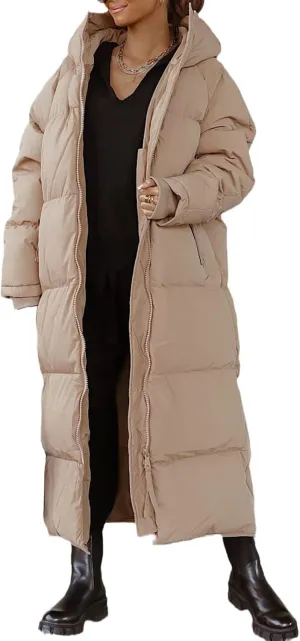 Mmoneyake Women Long Quilted Coat Hooded Zip Up Casual Thickened Down Jackets Winter Outerwear Snow Parka Trendy Warm Clothes