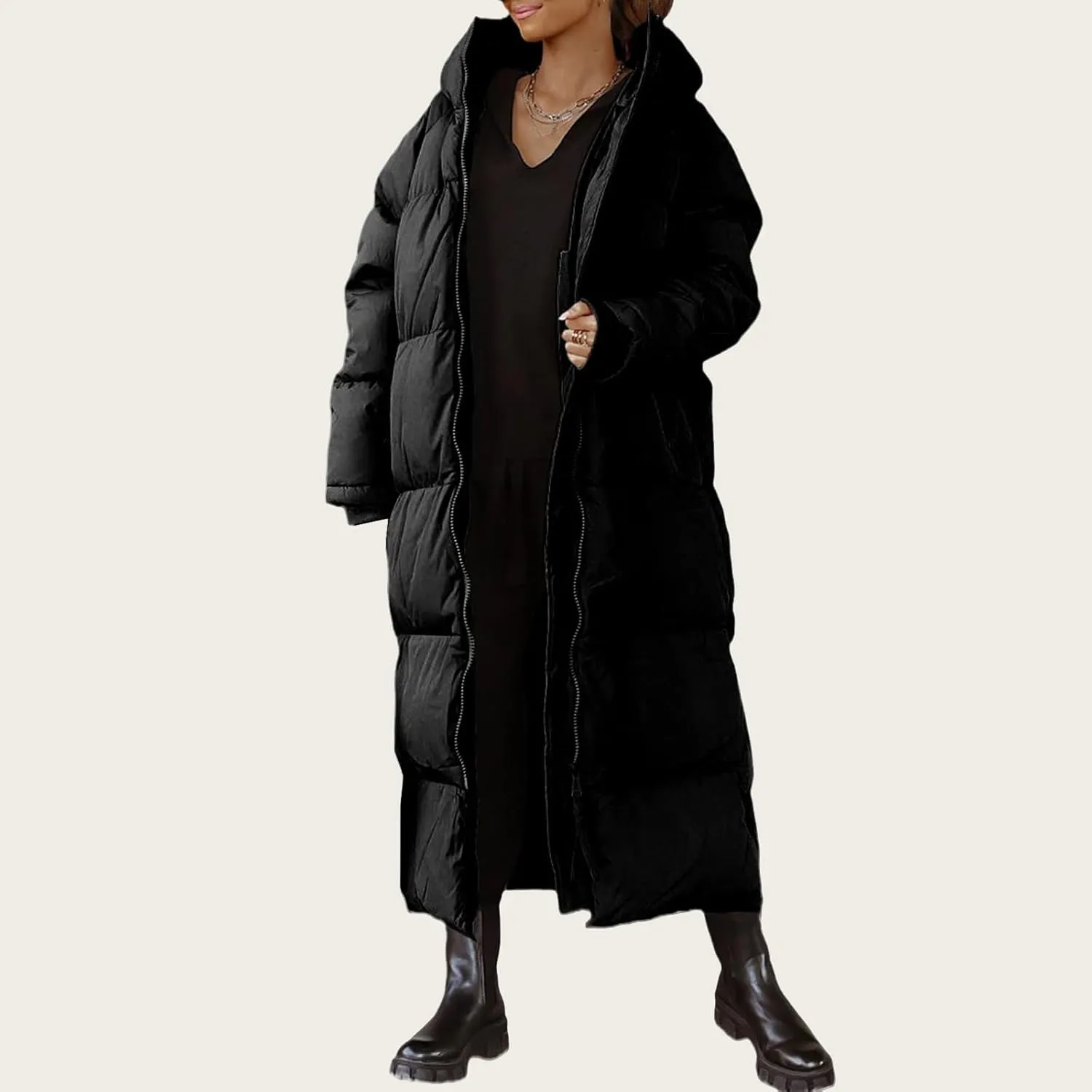 Mmoneyake Women Long Quilted Coat Hooded Zip Up Casual Thickened Down Jackets Winter Outerwear Snow Parka Trendy Warm Clothes