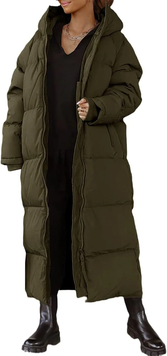 Mmoneyake Women Long Quilted Coat Hooded Zip Up Casual Thickened Down Jackets Winter Outerwear Snow Parka Trendy Warm Clothes