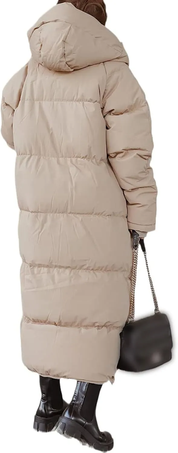 Mmoneyake Women Long Quilted Coat Hooded Zip Up Casual Thickened Down Jackets Winter Outerwear Snow Parka Trendy Warm Clothes