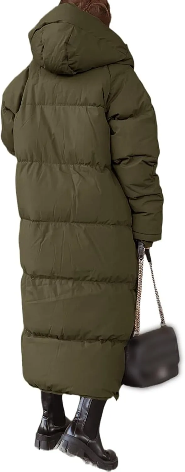 Mmoneyake Women Long Quilted Coat Hooded Zip Up Casual Thickened Down Jackets Winter Outerwear Snow Parka Trendy Warm Clothes