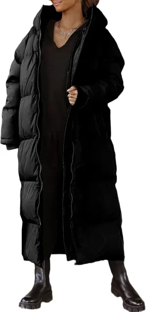 Mmoneyake Women Long Quilted Coat Hooded Zip Up Casual Thickened Down Jackets Winter Outerwear Snow Parka Trendy Warm Clothes