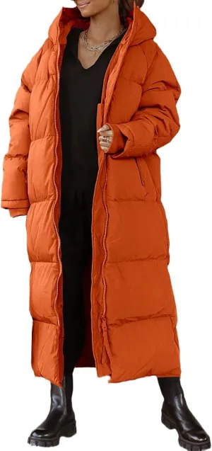Mmoneyake Women Long Quilted Coat Hooded Zip Up Casual Thickened Down Jackets Winter Outerwear Snow Parka Trendy Warm Clothes