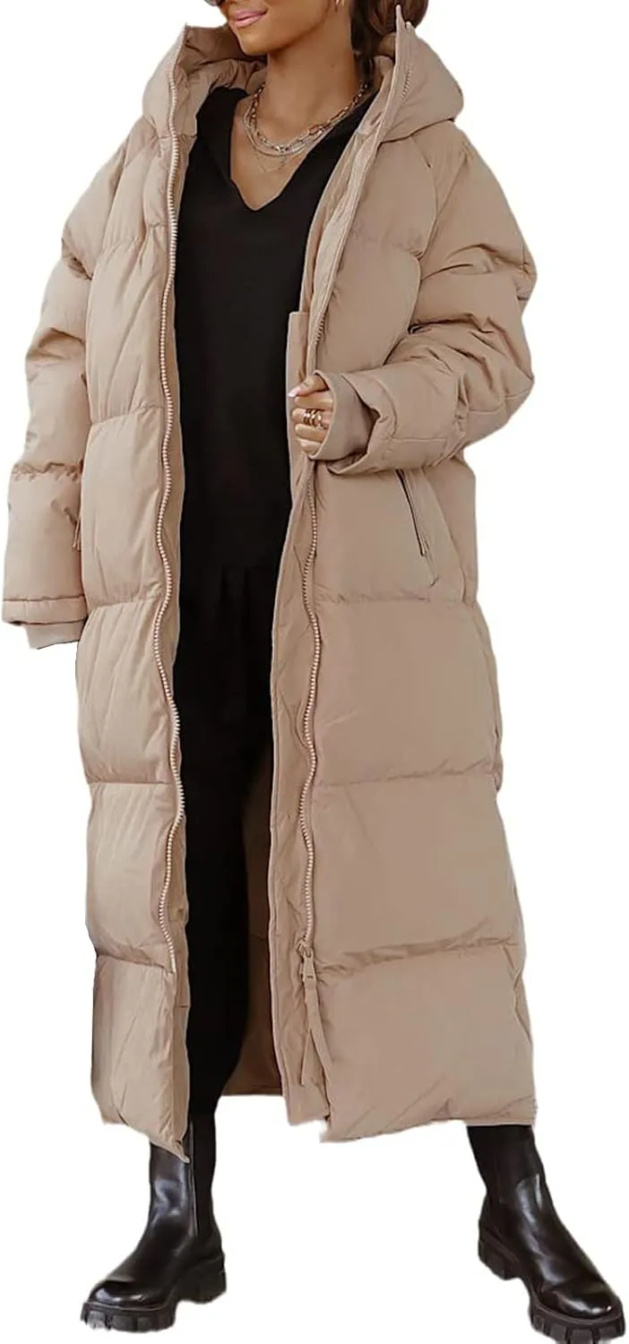 Mmoneyake Women Long Quilted Coat Hooded Zip Up Casual Thickened Down Jackets Winter Outerwear Snow Parka Trendy Warm Clothes