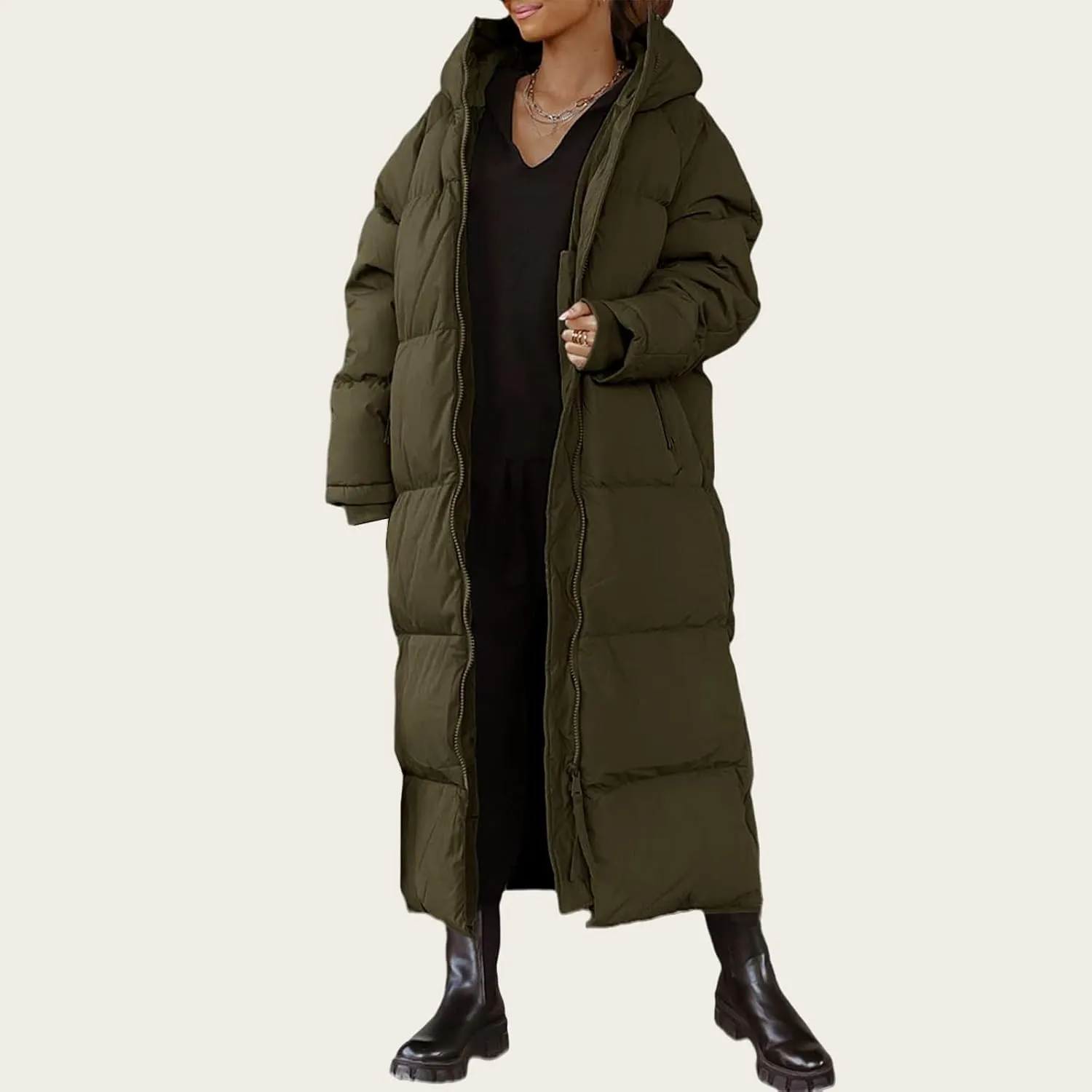 Mmoneyake Women Long Quilted Coat Hooded Zip Up Casual Thickened Down Jackets Winter Outerwear Snow Parka Trendy Warm Clothes