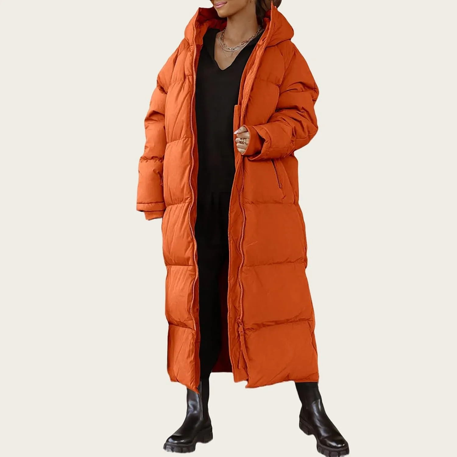 Mmoneyake Women Long Quilted Coat Hooded Zip Up Casual Thickened Down Jackets Winter Outerwear Snow Parka Trendy Warm Clothes