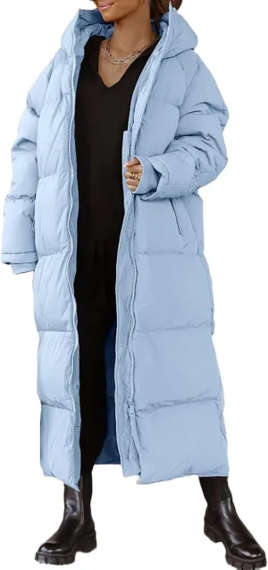 Mmoneyake Women Long Quilted Coat Hooded Zip Up Casual Thickened Down Jackets Winter Outerwear Snow Parka Trendy Warm Clothes