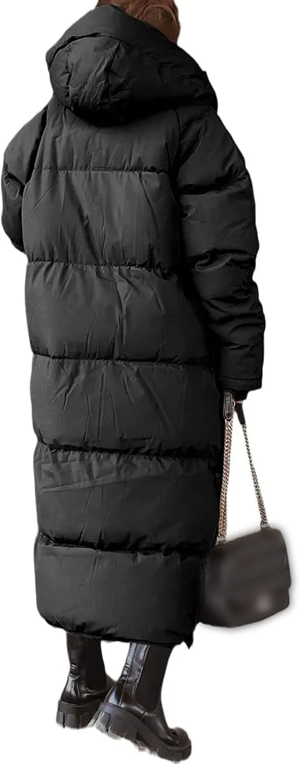 Mmoneyake Women Long Quilted Coat Hooded Zip Up Casual Thickened Down Jackets Winter Outerwear Snow Parka Trendy Warm Clothes