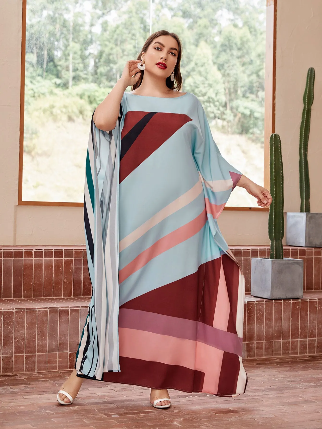 Modest Striped Three Quarter Length Sleeve Boat Neck Straight Natural Maxi Plus Size Dress