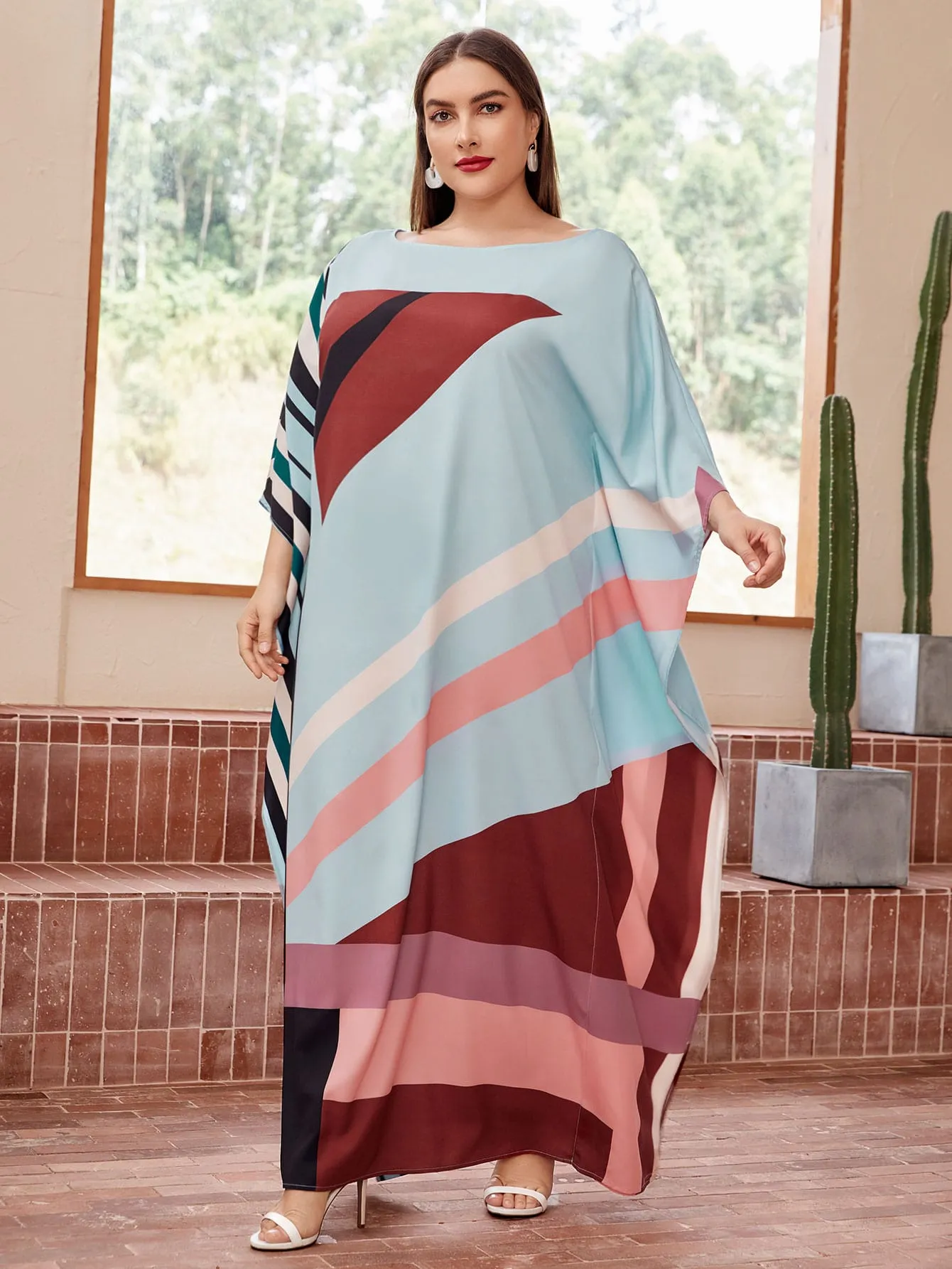 Modest Striped Three Quarter Length Sleeve Boat Neck Straight Natural Maxi Plus Size Dress