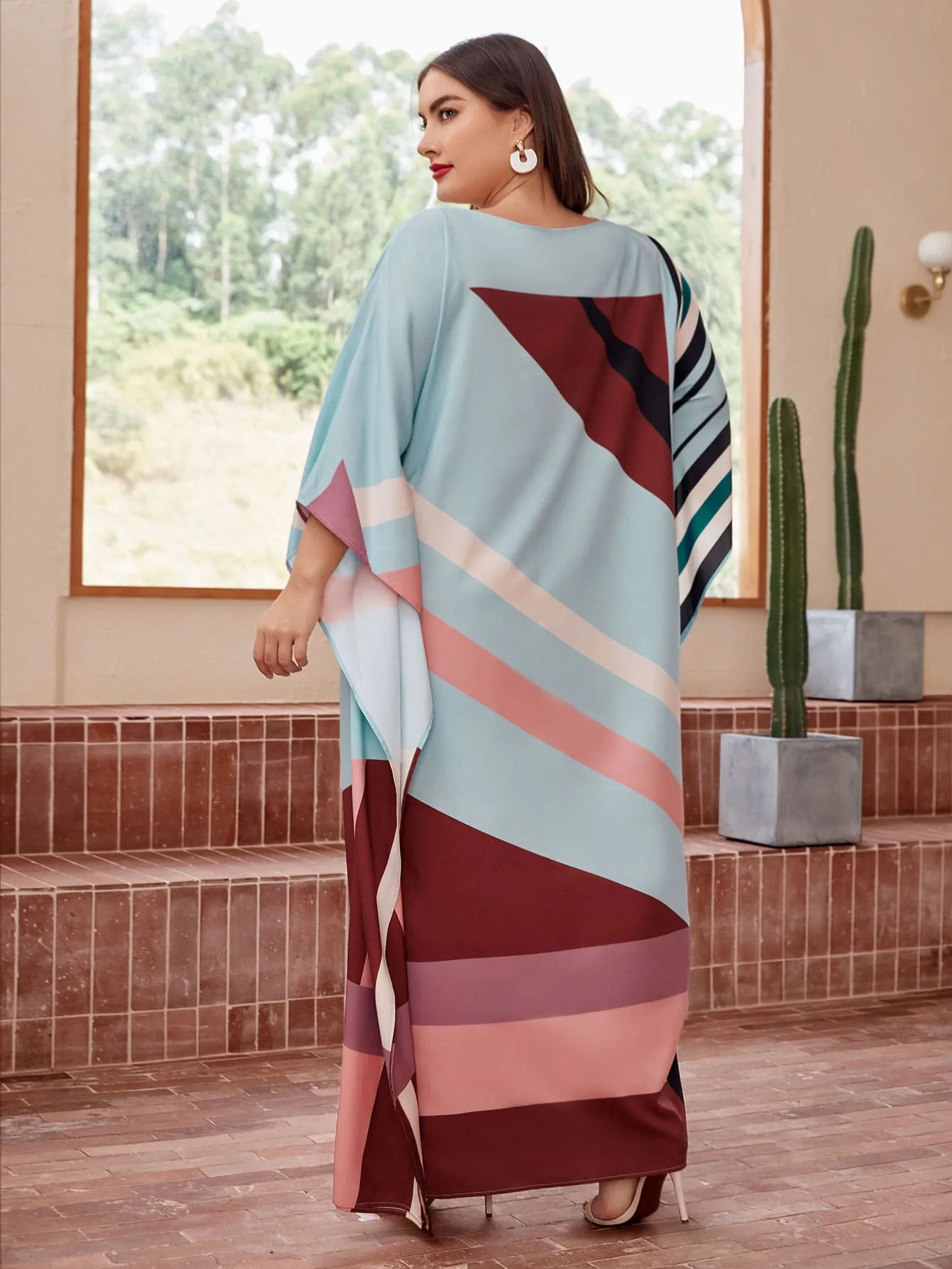 Modest Striped Three Quarter Length Sleeve Boat Neck Straight Natural Maxi Plus Size Dress