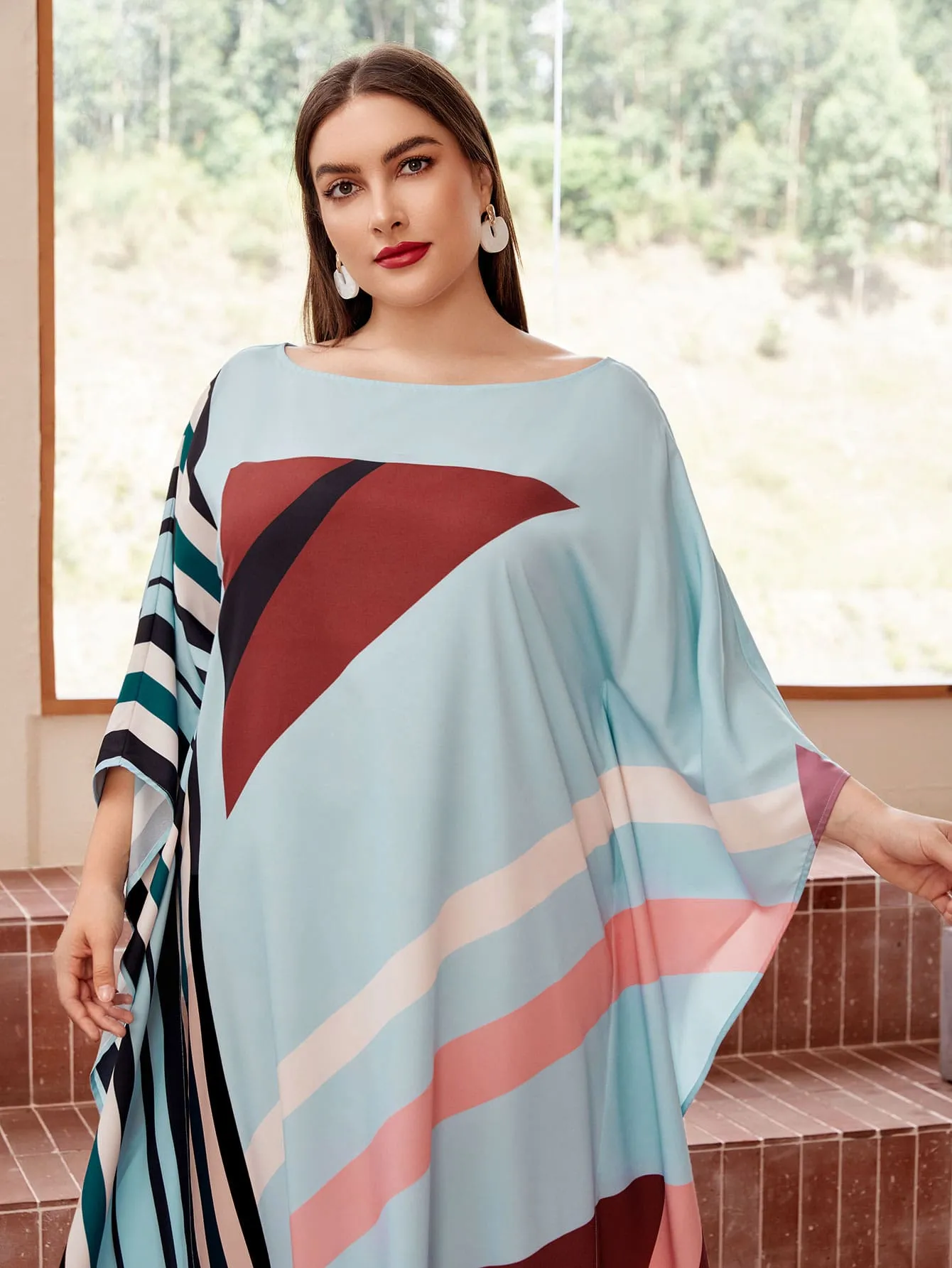 Modest Striped Three Quarter Length Sleeve Boat Neck Straight Natural Maxi Plus Size Dress