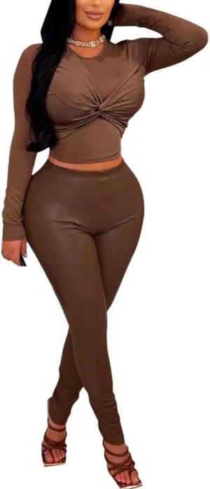 Molilove Women Sexy Long Sleeve Two Pieces Outfits Tracksuit Chic PU Faux Leather Casual Straight Leg Trousers Pants Set