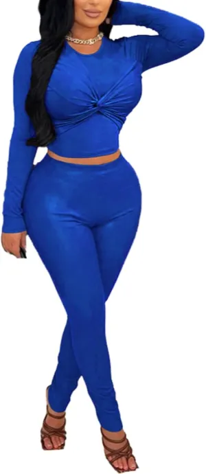Molilove Women Sexy Long Sleeve Two Pieces Outfits Tracksuit Chic PU Faux Leather Casual Straight Leg Trousers Pants Set