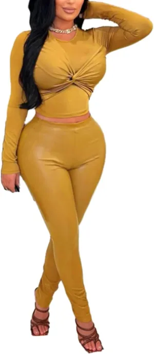 Molilove Women Sexy Long Sleeve Two Pieces Outfits Tracksuit Chic PU Faux Leather Casual Straight Leg Trousers Pants Set