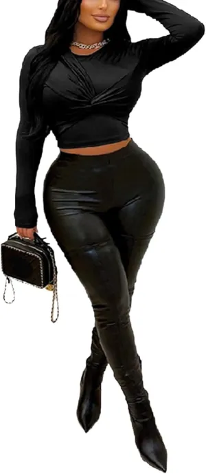 Molilove Women Sexy Long Sleeve Two Pieces Outfits Tracksuit Chic PU Faux Leather Casual Straight Leg Trousers Pants Set