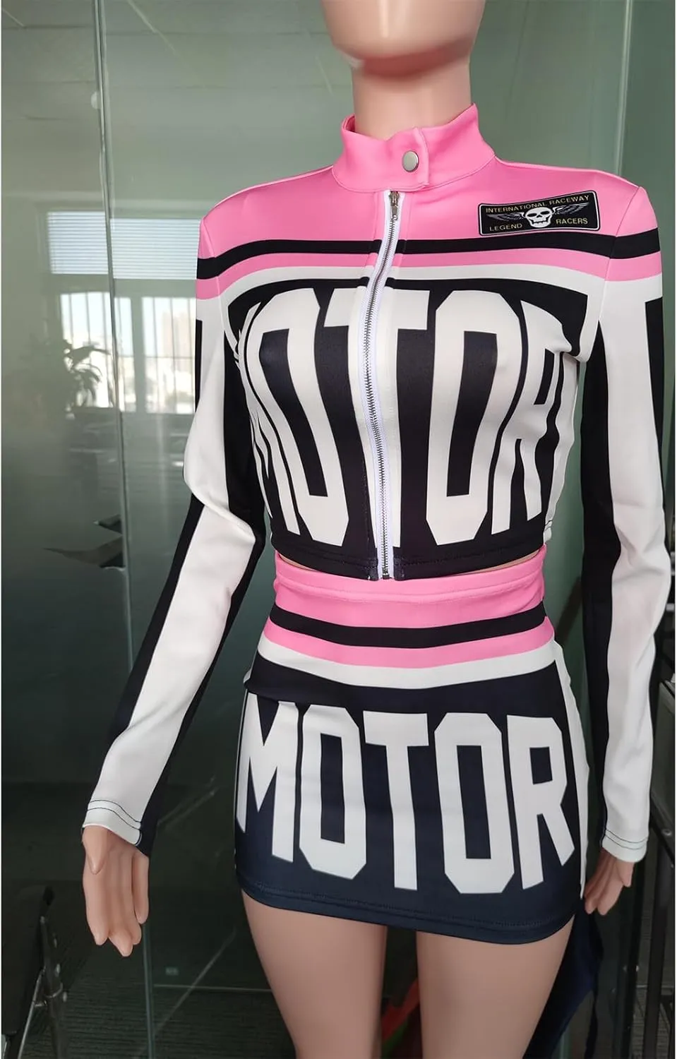 Molilove Women's 2 Piece Outfits Zipper Jacket High Waist Bodycon Mini Skirt Set Motorcycle Varsity Jacket Coat Streetwear