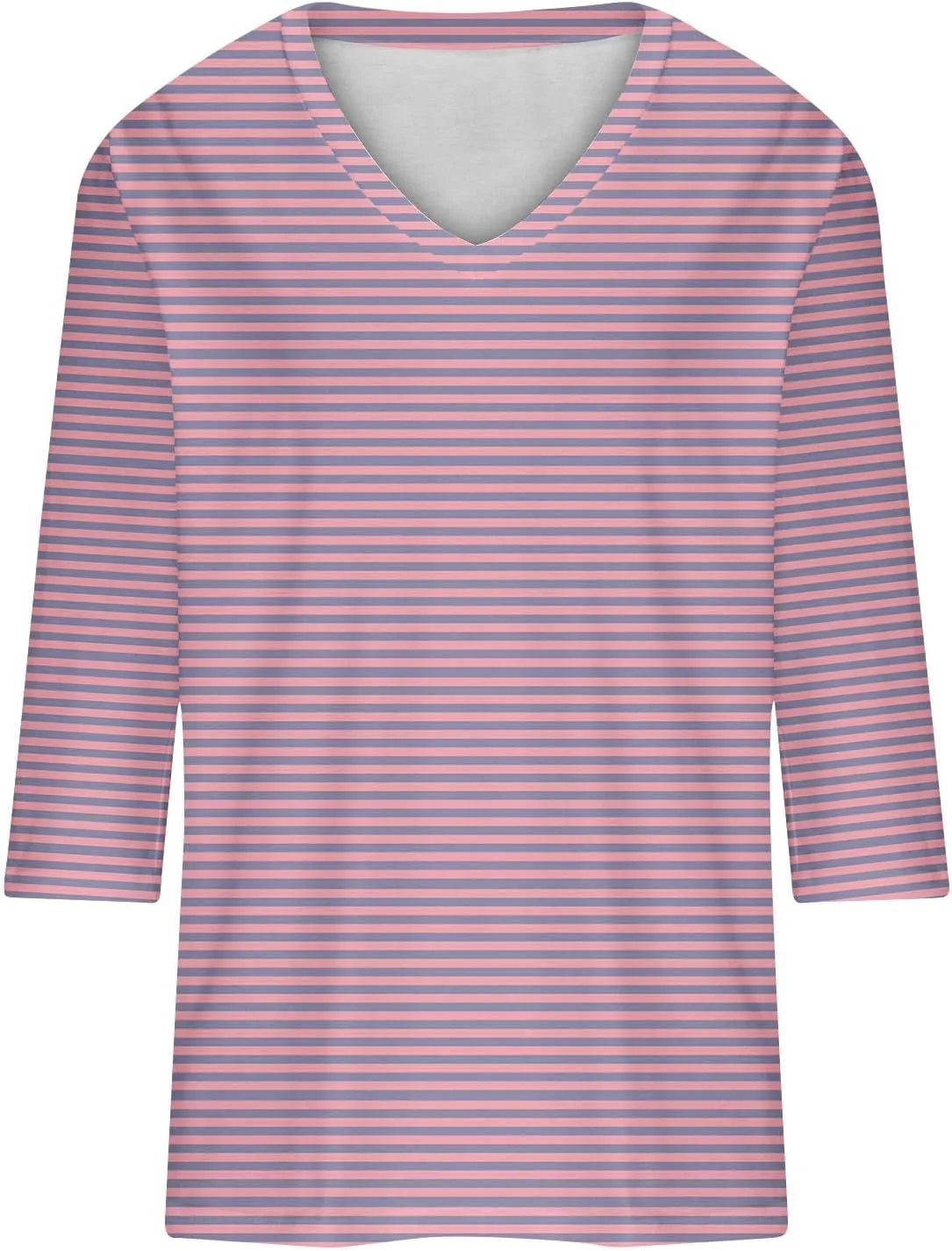 Mzkdieey Women's 3/4 Sleeve Striped T-Shirt Summer Casual V Neck Loose Fit Tops Three Quarter Length Shirt Going Out Blouse