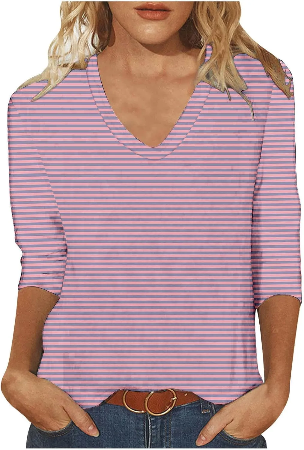 Mzkdieey Women's 3/4 Sleeve Striped T-Shirt Summer Casual V Neck Loose Fit Tops Three Quarter Length Shirt Going Out Blouse