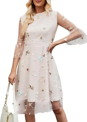OASMA Women's Vintage Floral Lace Cocktail Party Dresses 3/4 Sleeve Formal Wedding Guest Hi-Lo Bridesmaid Midi Dress